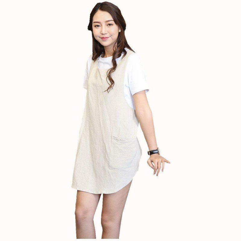 KKTOCHVC Japanese Style Soft Cotton Linen Apron with Two Side Pockets, X Cross Halter Apron, Kitchen Cooking Clothes Present for Women DIY Project, Crafting, Cooking, Baking (Beige) - Image 2